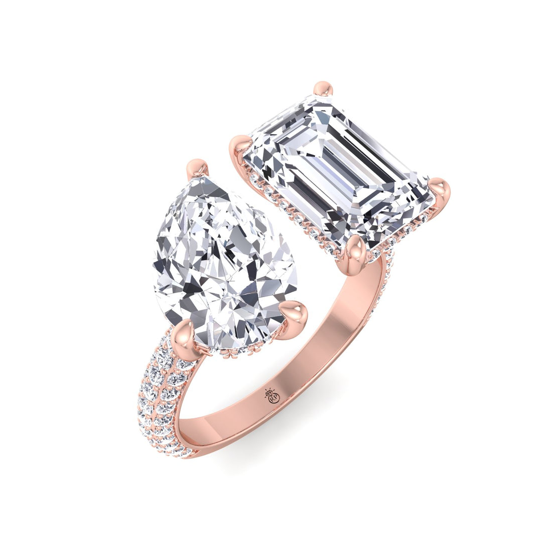 Toi Et Moi Pear &amp; Emerald Shape Hidden Halo Engagement Ring with Side Stones