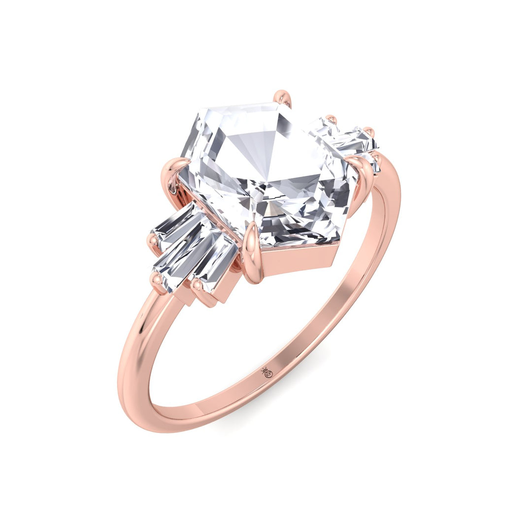 Rose Cut Hexagon Shape Engagement Ring With Tapered Baguettes