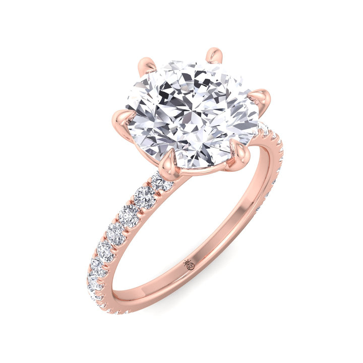 Round Cut Six Prong Engagement Ring With Pave Band