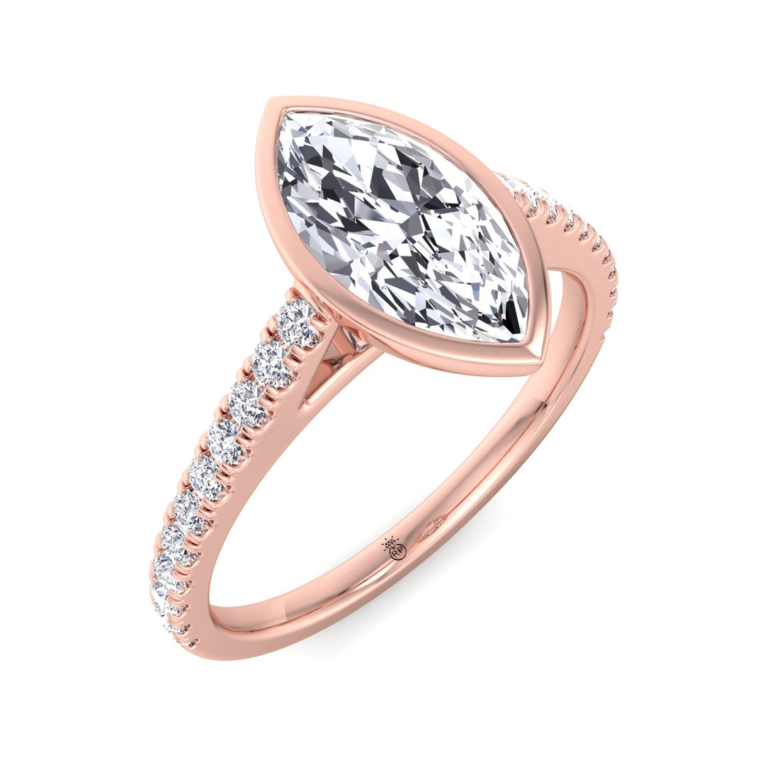 Bezel Set Marquise Shape Engagement Ring With Cathedral Style Pave Band