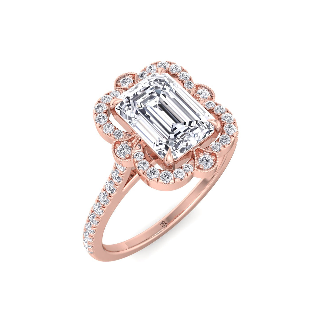 Vintage Style Emerald Cut Engagement Ring with Round Cut Sidestones