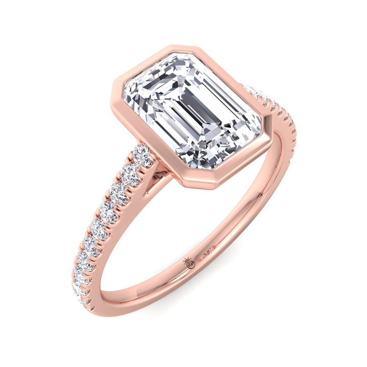 Emerald Shape Bezel Set Engagement Ring with Cathedral Style Pave Band