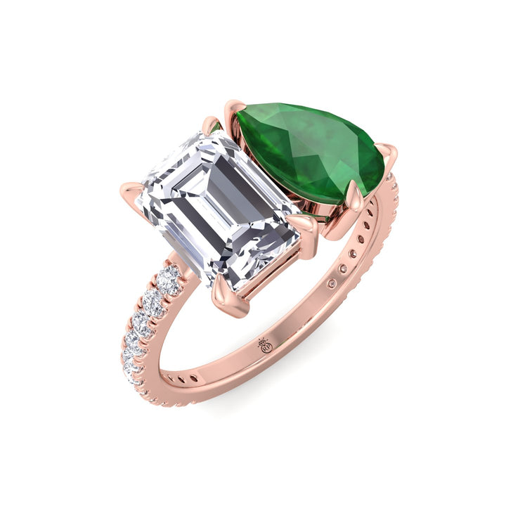 Toi Et Moi Emerald &amp; Green Pear Shape Engagement Ring With Pave Band