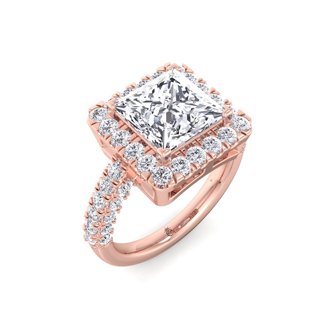 Princess Shape Halo Engagement Ring with Pave Band