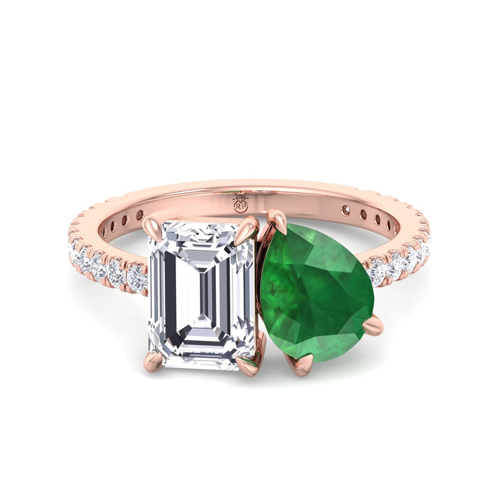 Toi Et Moi Emerald &amp; Green Pear Shape Engagement Ring With Pave Band