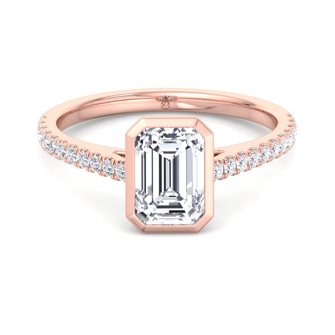 Emerald Shape Bezel Set Engagement Ring with Cathedral Style Pave Band