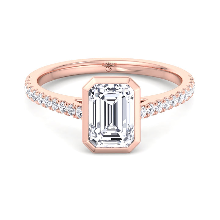 Emerald Shape Bezel Set Engagement Ring with Cathedral Style Pave Band