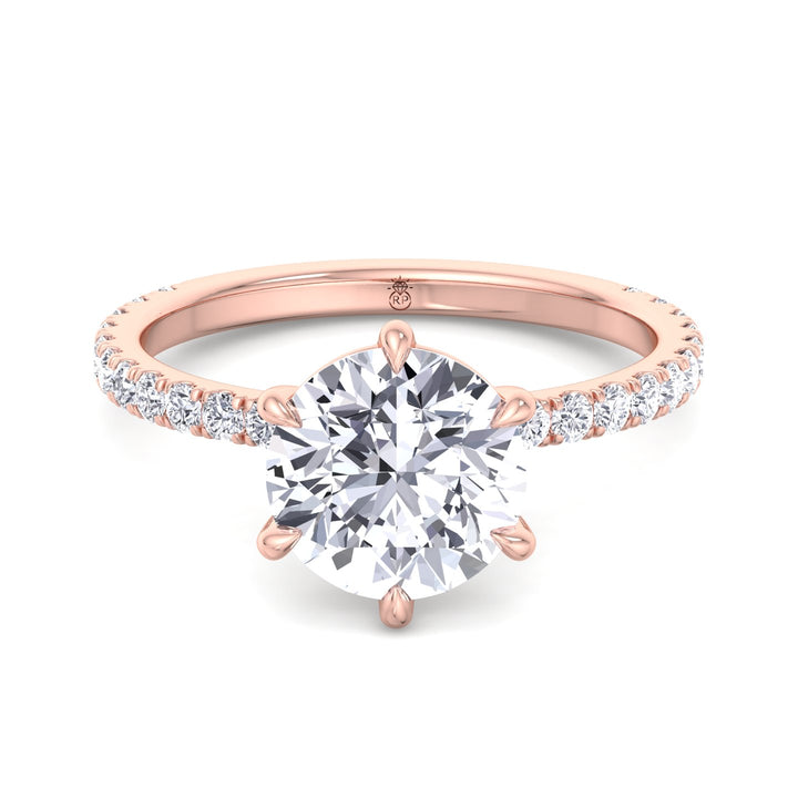 Round Cut Six Prong Engagement Ring With Pave Band