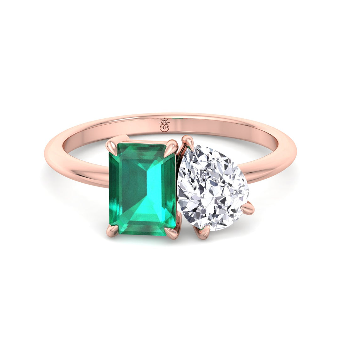 Toi et Moi Green Emerald &amp; Pear Shape Engagement Ring