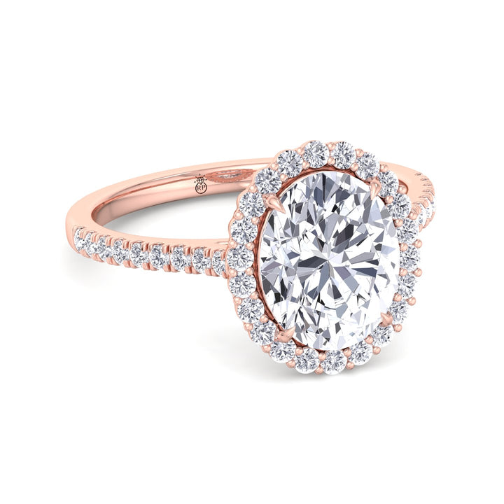 Oval Shape Scalloped Halo Engagement Ring With Pave Band