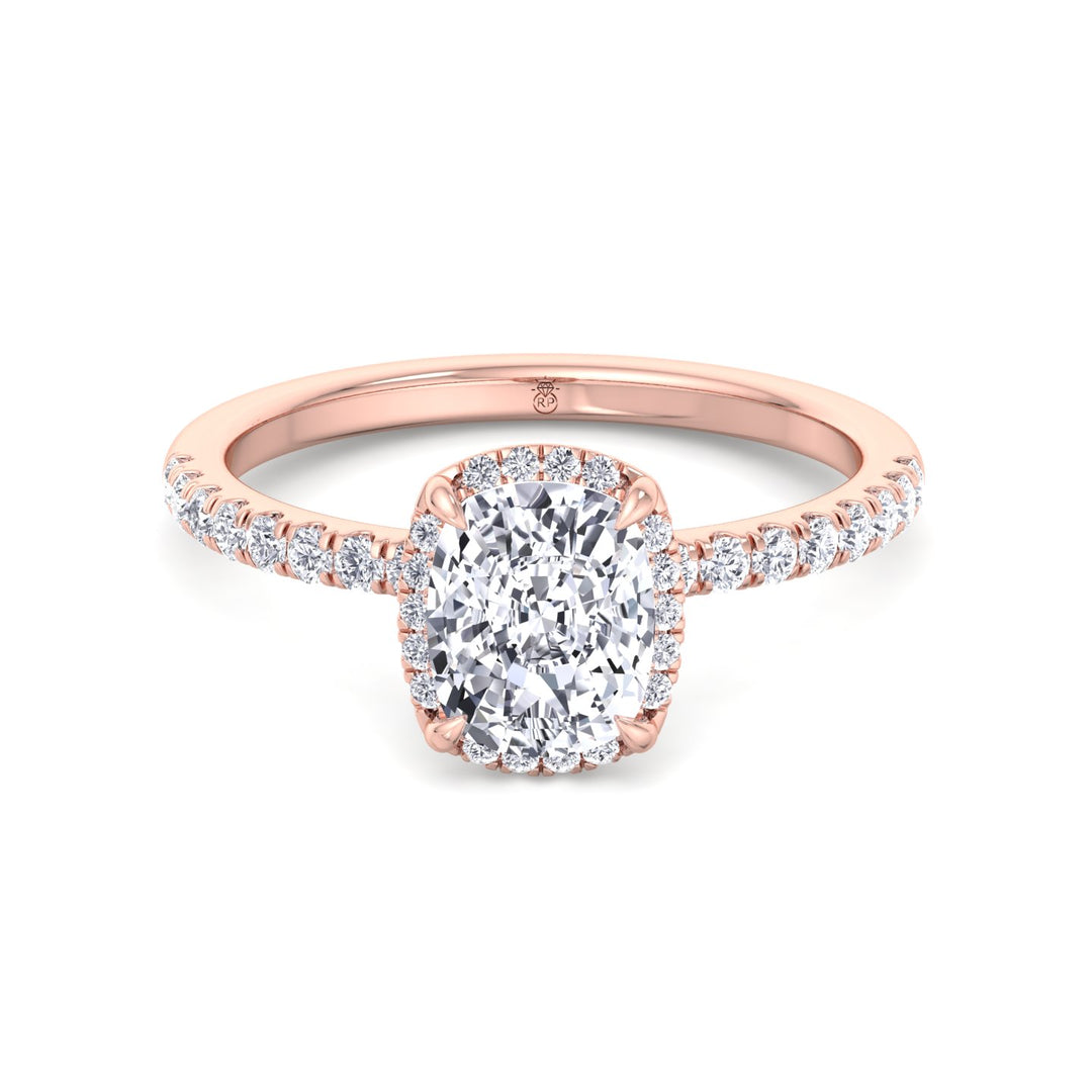Elongated Cushion Cut Halo Engagement Ring with Pave Band