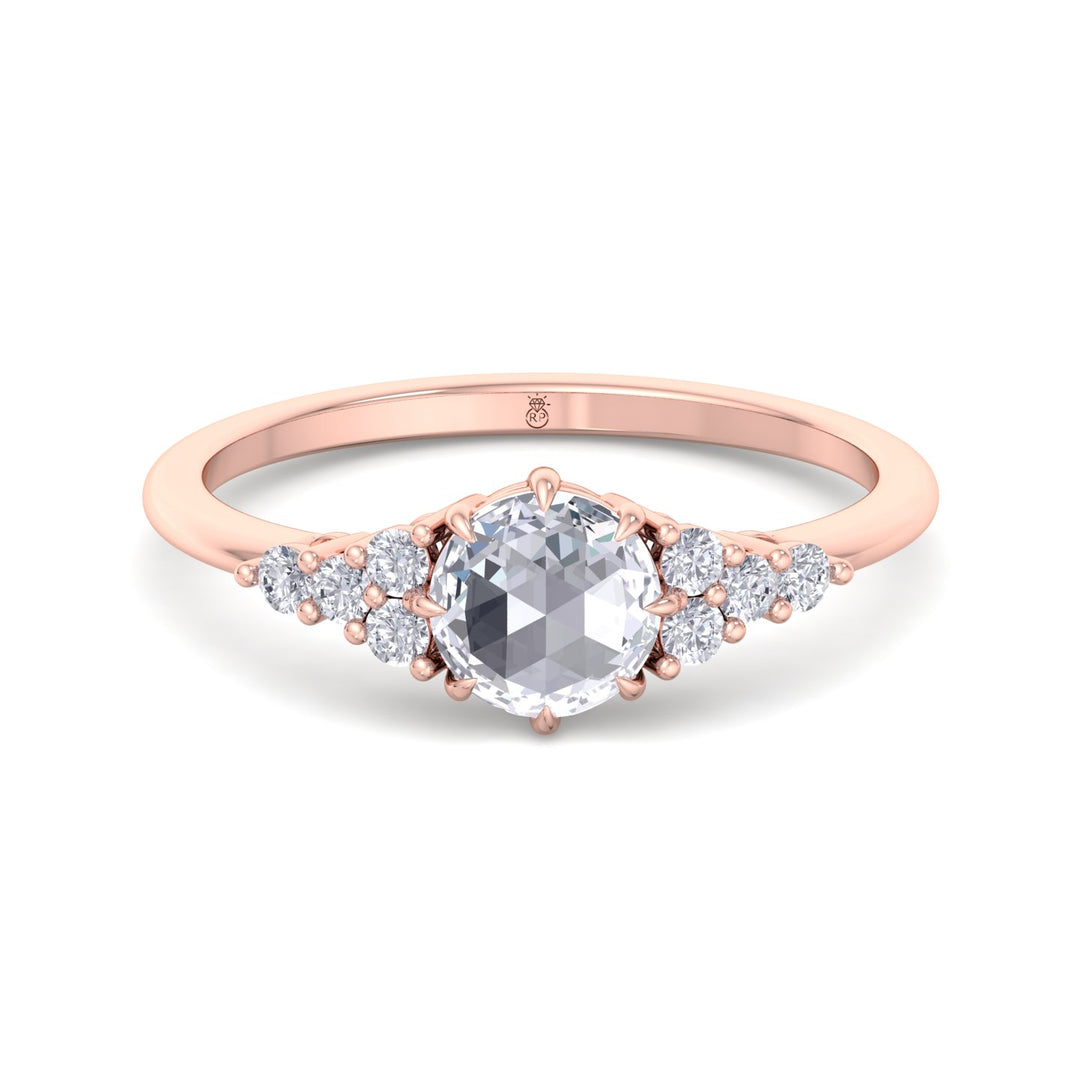 Rose Cut Round Shape Engagement Ring with Round Sidestones