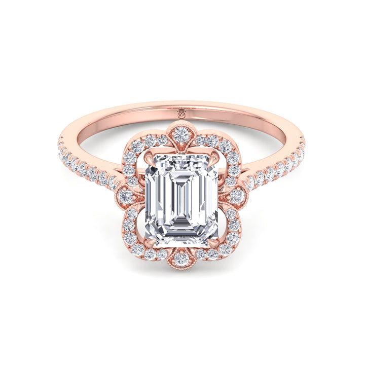 Vintage Style Emerald Cut Engagement Ring with Round Cut Sidestones