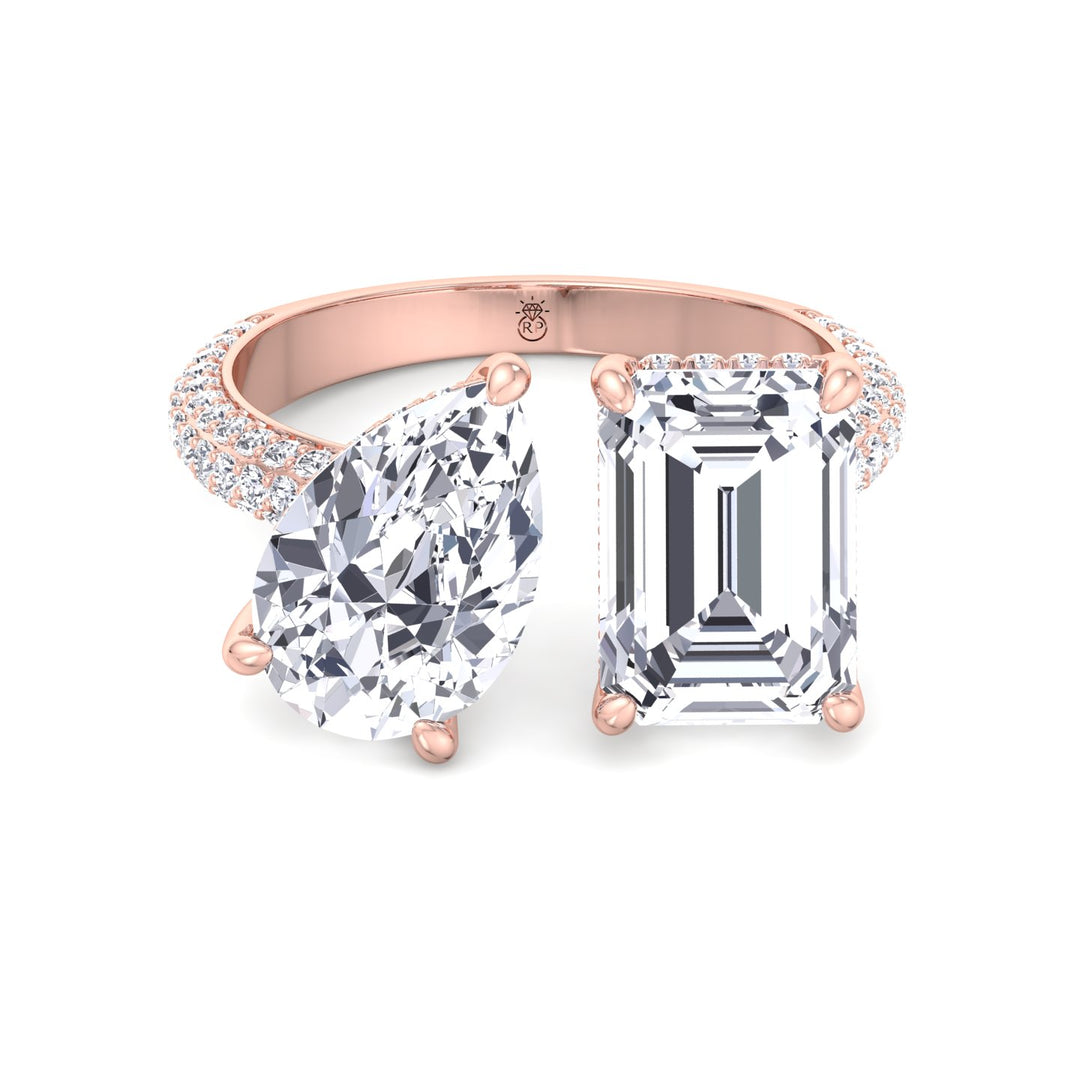 Toi Et Moi Pear &amp; Emerald Shape Hidden Halo Engagement Ring with Side Stones