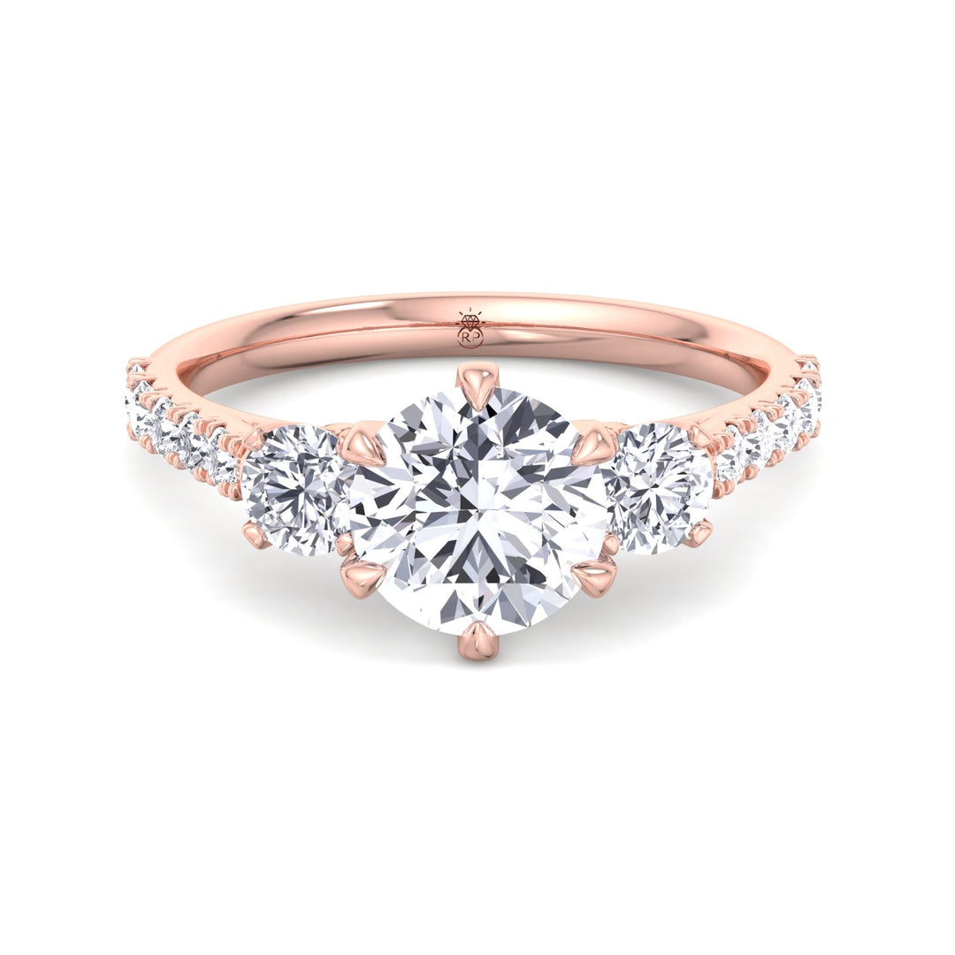 Three Stone Round Cut Fancy Crown Style Engagement Ring