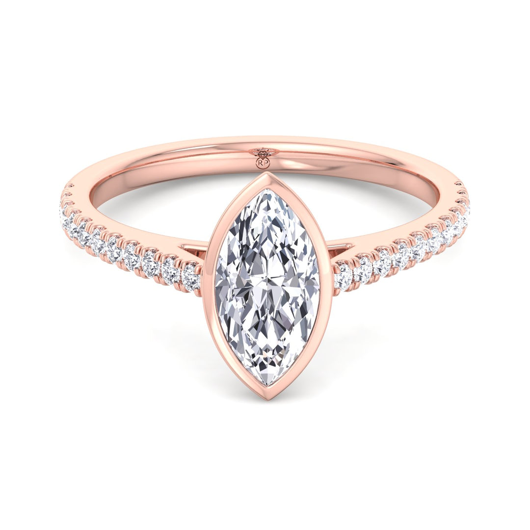 Bezel Set Marquise Shape Engagement Ring With Cathedral Style Pave Band