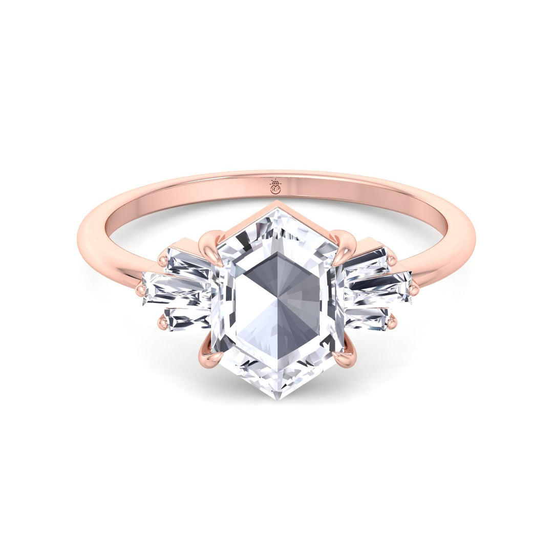 Rose Cut Hexagon Shape Engagement Ring With Tapered Baguettes