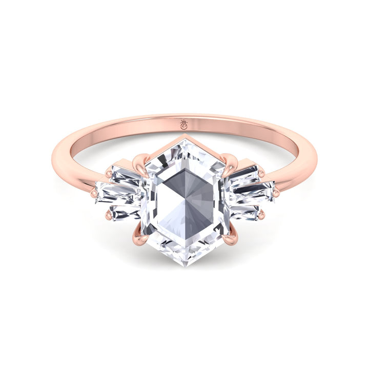 Rose Cut Hexagon Shape Engagement Ring With Tapered Baguettes