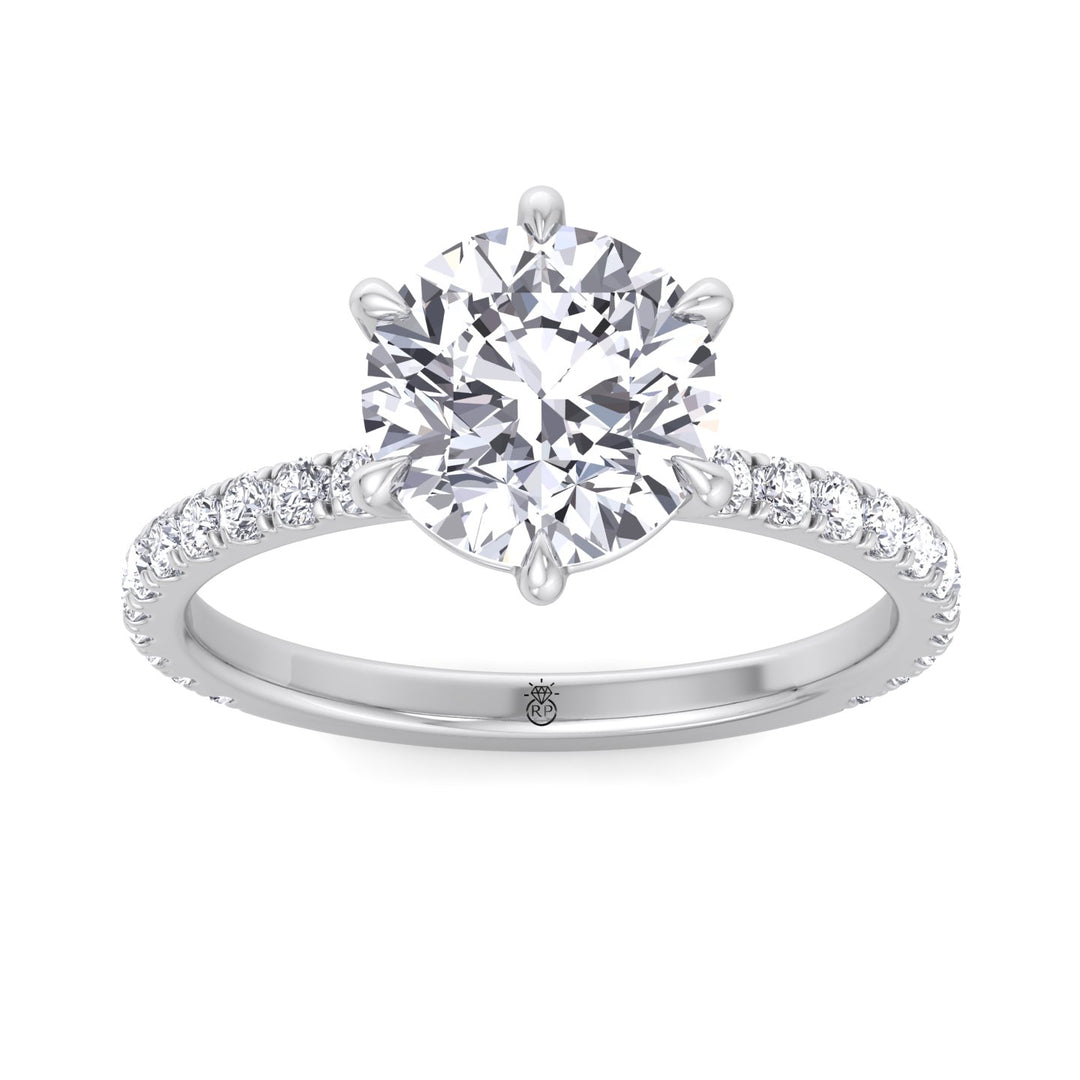Round Cut Six Prong Engagement Ring With Pave Band