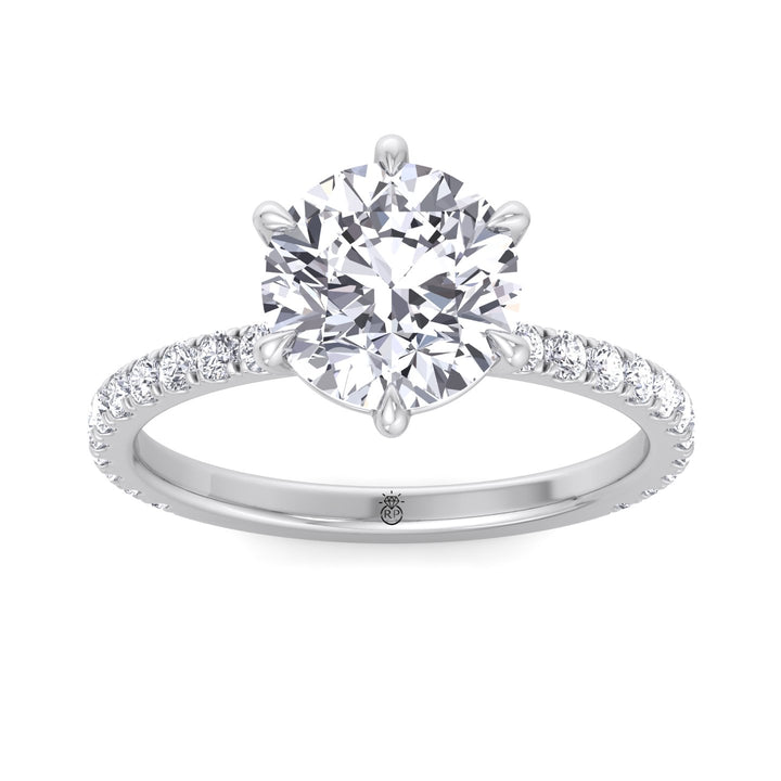 Round Cut Six Prong Engagement Ring With Pave Band