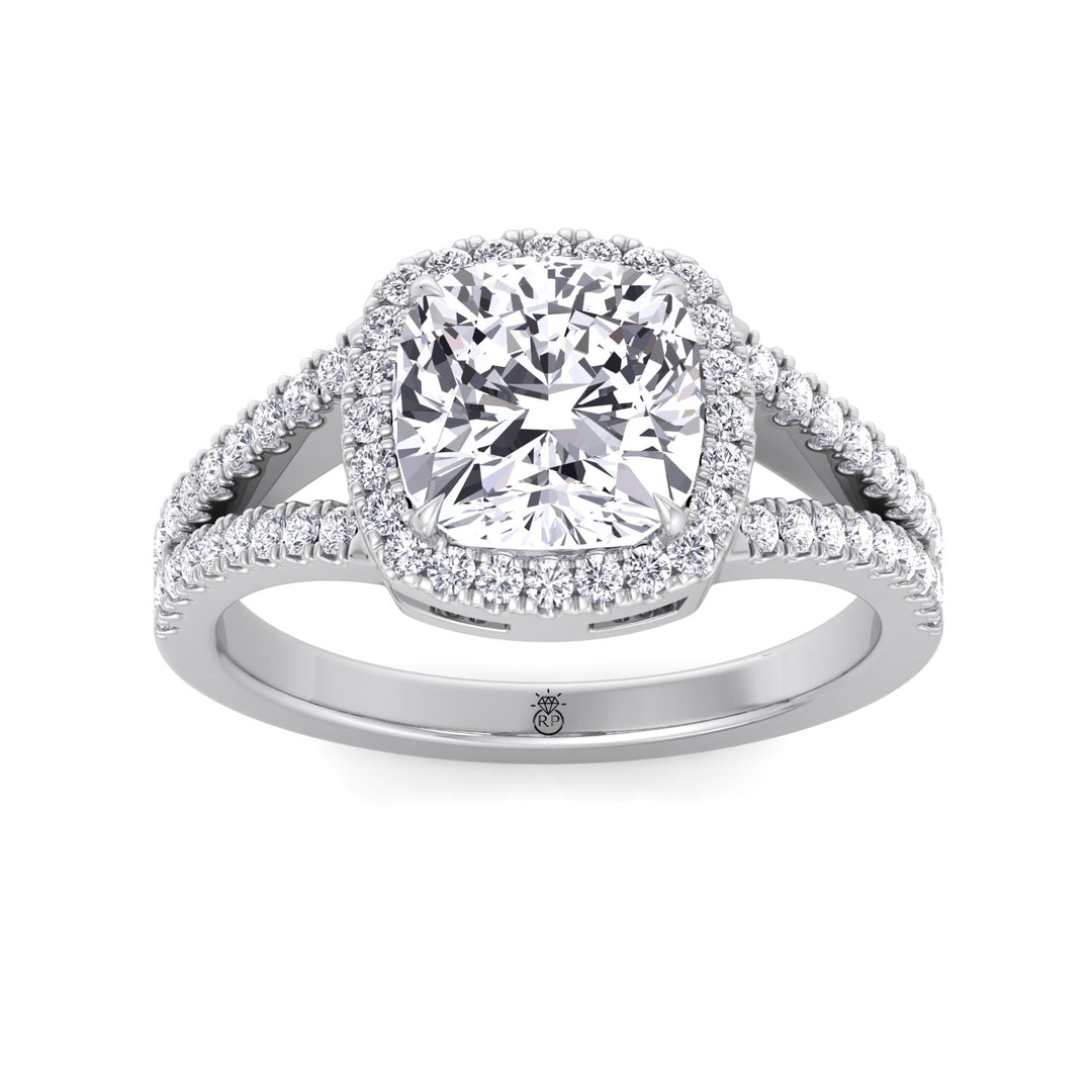 Cushion Cut Halo Engagement Ring with Split Pave Band