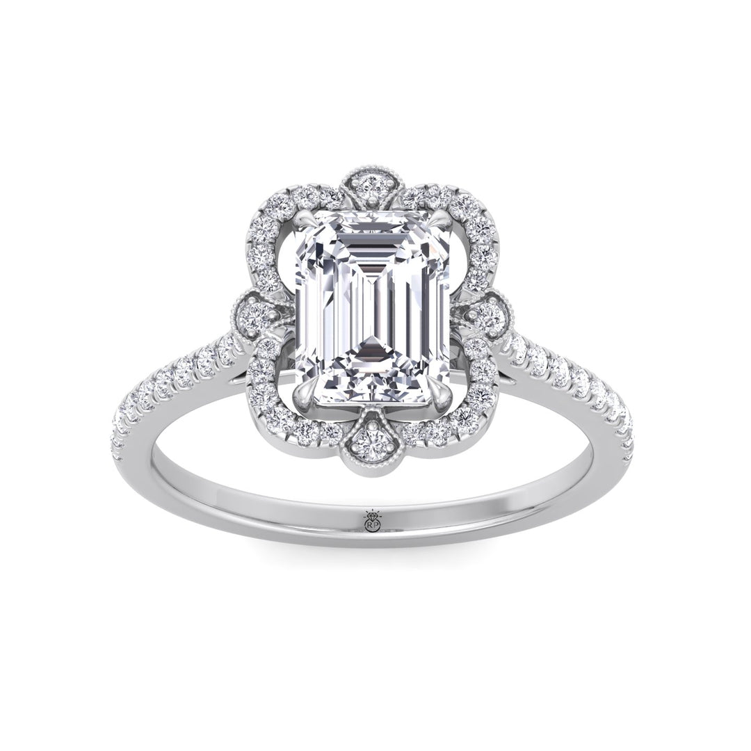 Vintage Style Emerald Cut Engagement Ring with Round Cut Sidestones