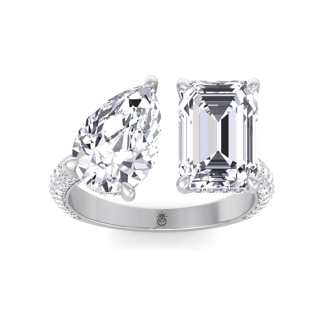 Toi Et Moi Pear &amp; Emerald Shape Hidden Halo Engagement Ring with Side Stones