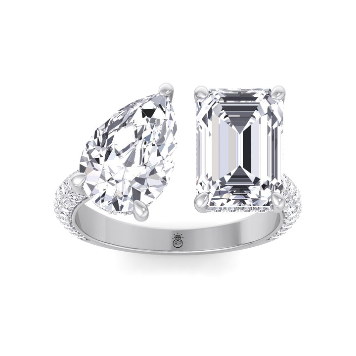 Toi Et Moi Pear &amp; Emerald Shape Hidden Halo Engagement Ring with Side Stones