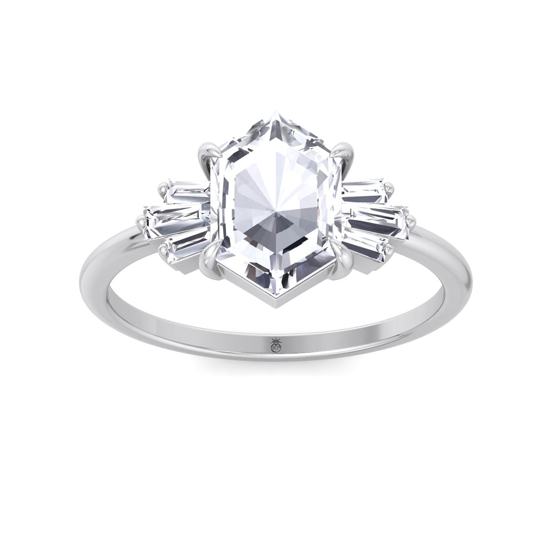 Rose Cut Hexagon Shape Engagement Ring With Tapered Baguettes