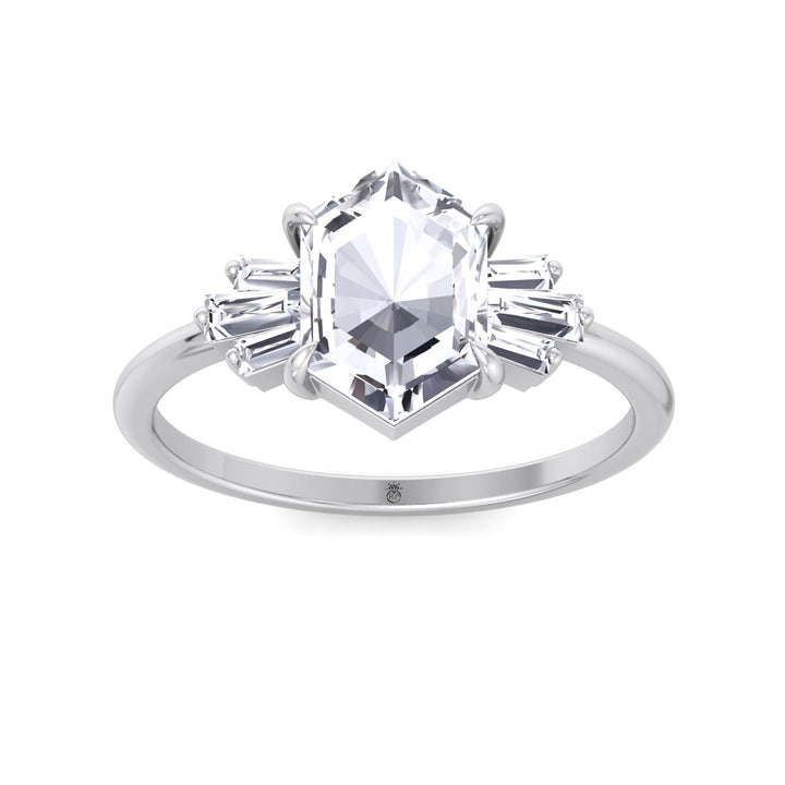 Rose Cut Hexagon Shape Engagement Ring With Tapered Baguettes