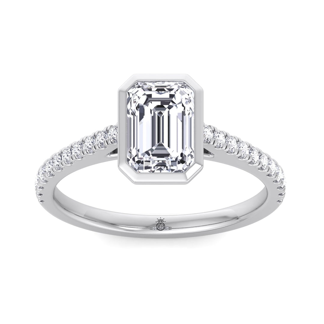 Emerald Shape Bezel Set Engagement Ring with Cathedral Style Pave Band