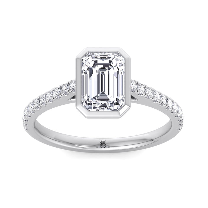 Emerald Shape Bezel Set Engagement Ring with Cathedral Style Pave Band