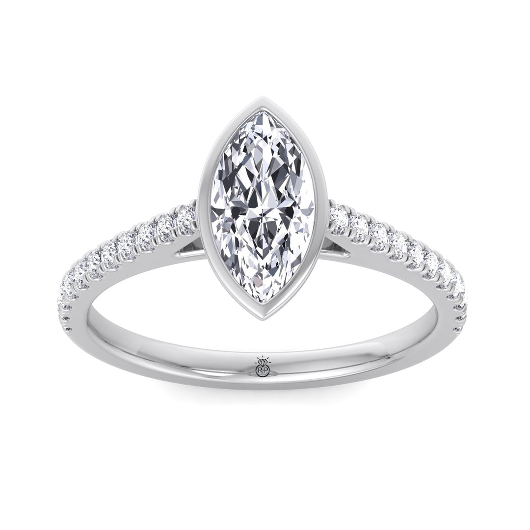 Bezel Set Marquise Shape Engagement Ring With Cathedral Style Pave Band