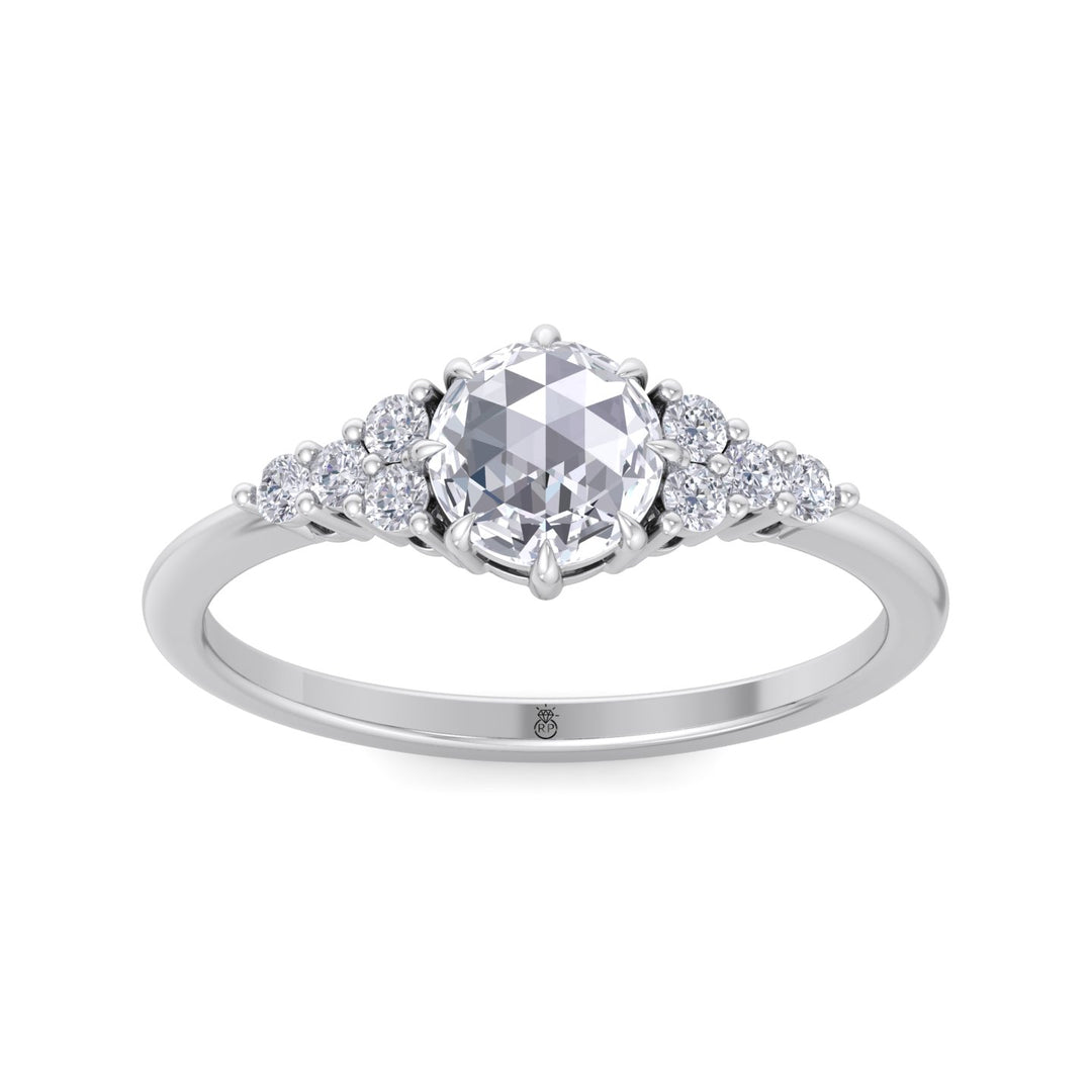 Rose Cut Round Shape Engagement Ring with Round Sidestones
