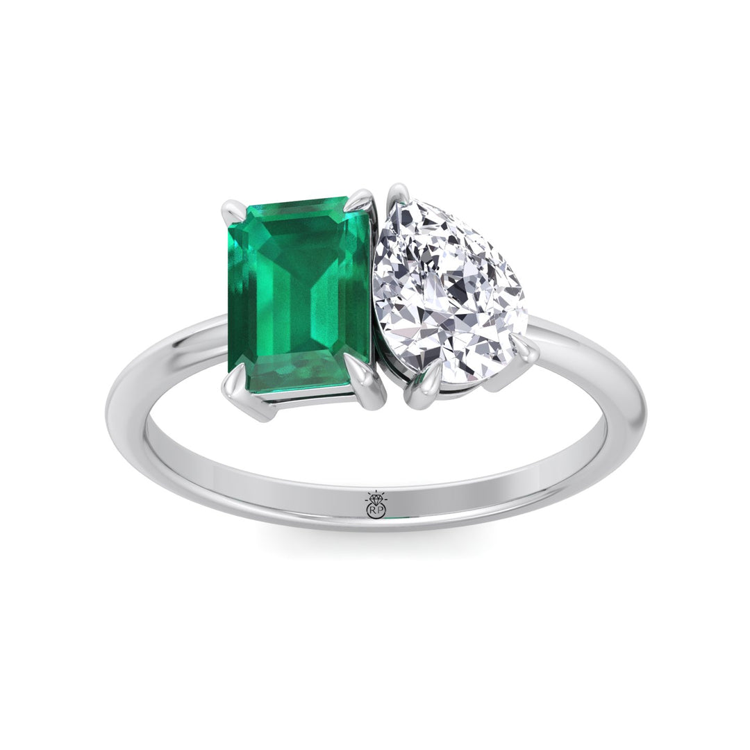Toi et Moi Green Emerald &amp; Pear Shape Engagement Ring