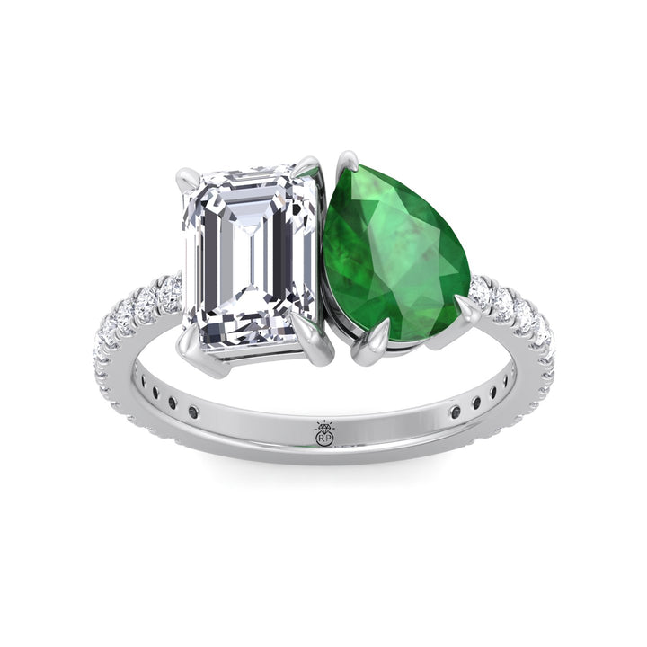 Toi Et Moi Emerald &amp; Green Pear Shape Engagement Ring With Pave Band