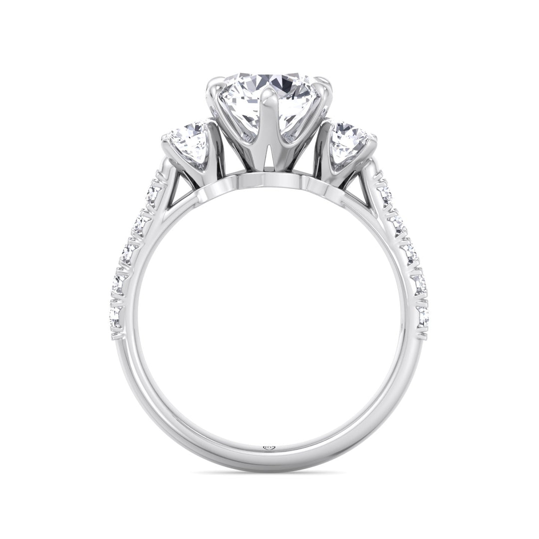 Three Stone Round Cut Fancy Crown Style Engagement Ring