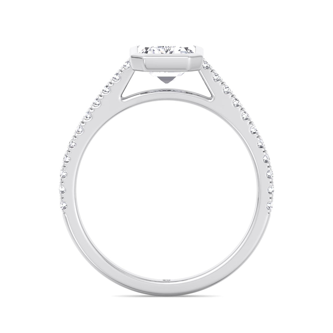 Emerald Shape Bezel Set Engagement Ring with Cathedral Style Pave Band