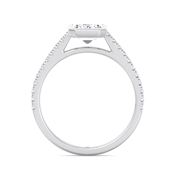 Emerald Shape Bezel Set Engagement Ring with Cathedral Style Pave Band