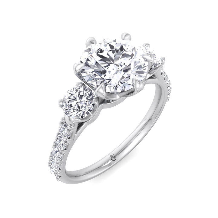 Three Stone Round Cut Fancy Crown Style Engagement Ring