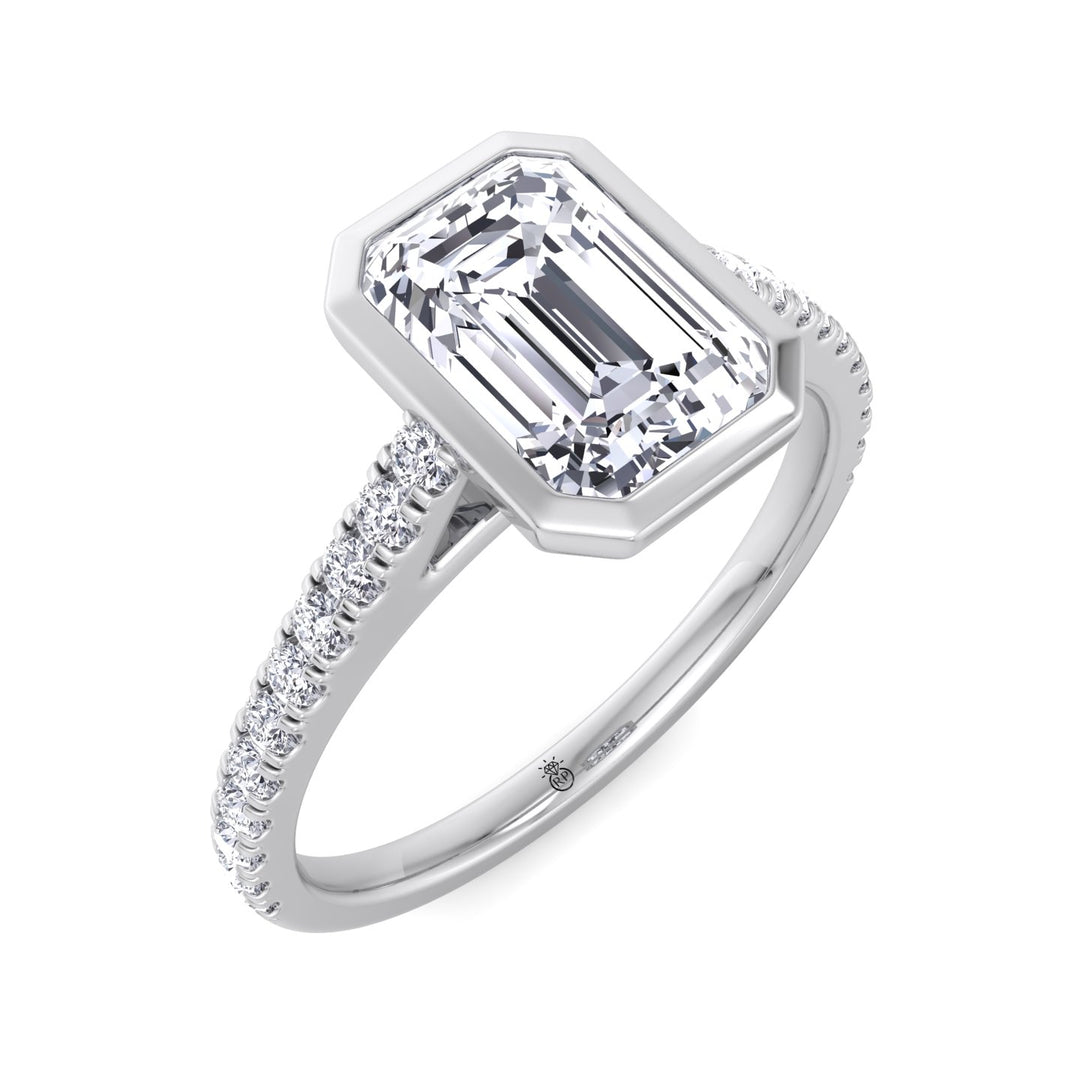 Emerald Shape Bezel Set Engagement Ring with Cathedral Style Pave Band
