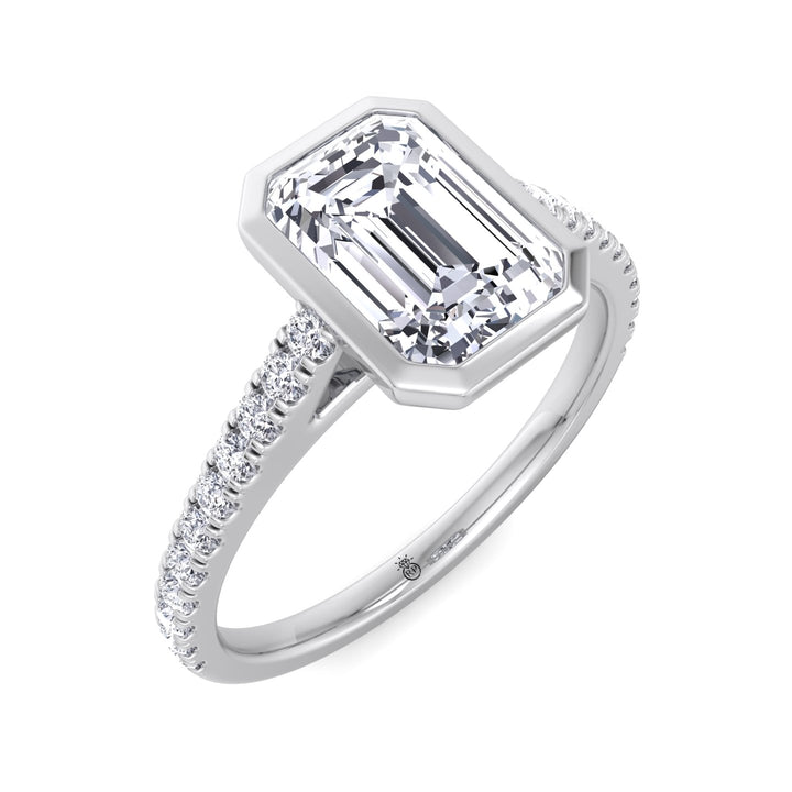 Emerald Shape Bezel Set Engagement Ring with Cathedral Style Pave Band