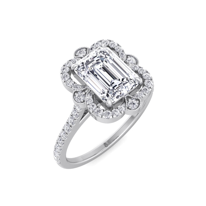 Vintage Style Emerald Cut Engagement Ring with Round Cut Sidestones