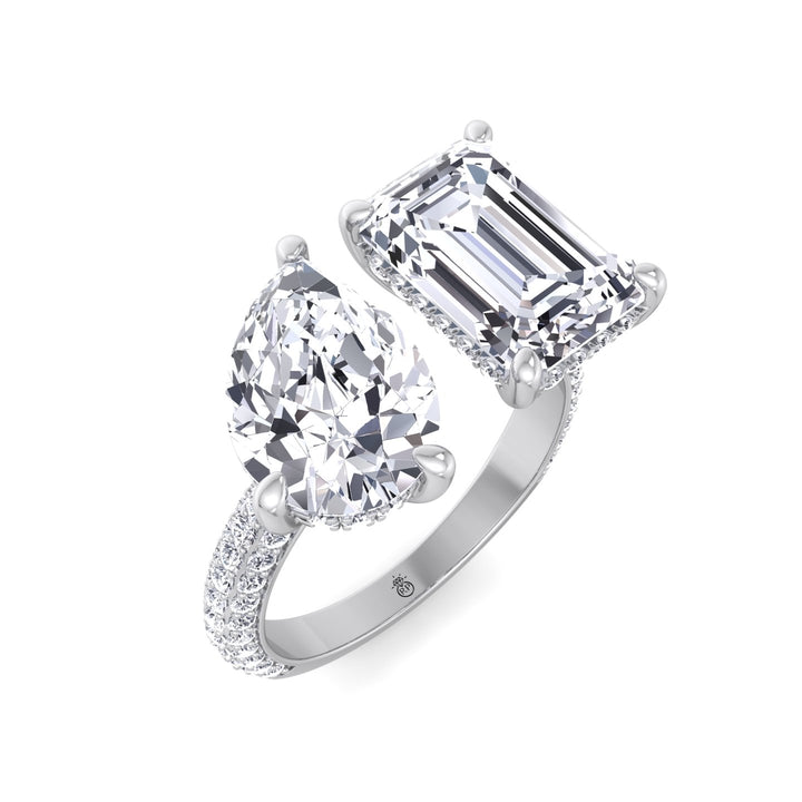 Toi Et Moi Pear &amp; Emerald Shape Hidden Halo Engagement Ring with Side Stones