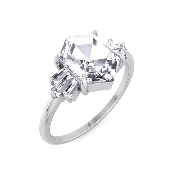 Rose Cut Hexagon Shape Engagement Ring With Tapered Baguettes