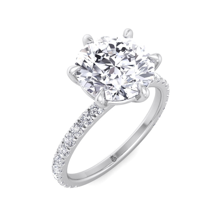 Round Cut Six Prong Engagement Ring With Pave Band