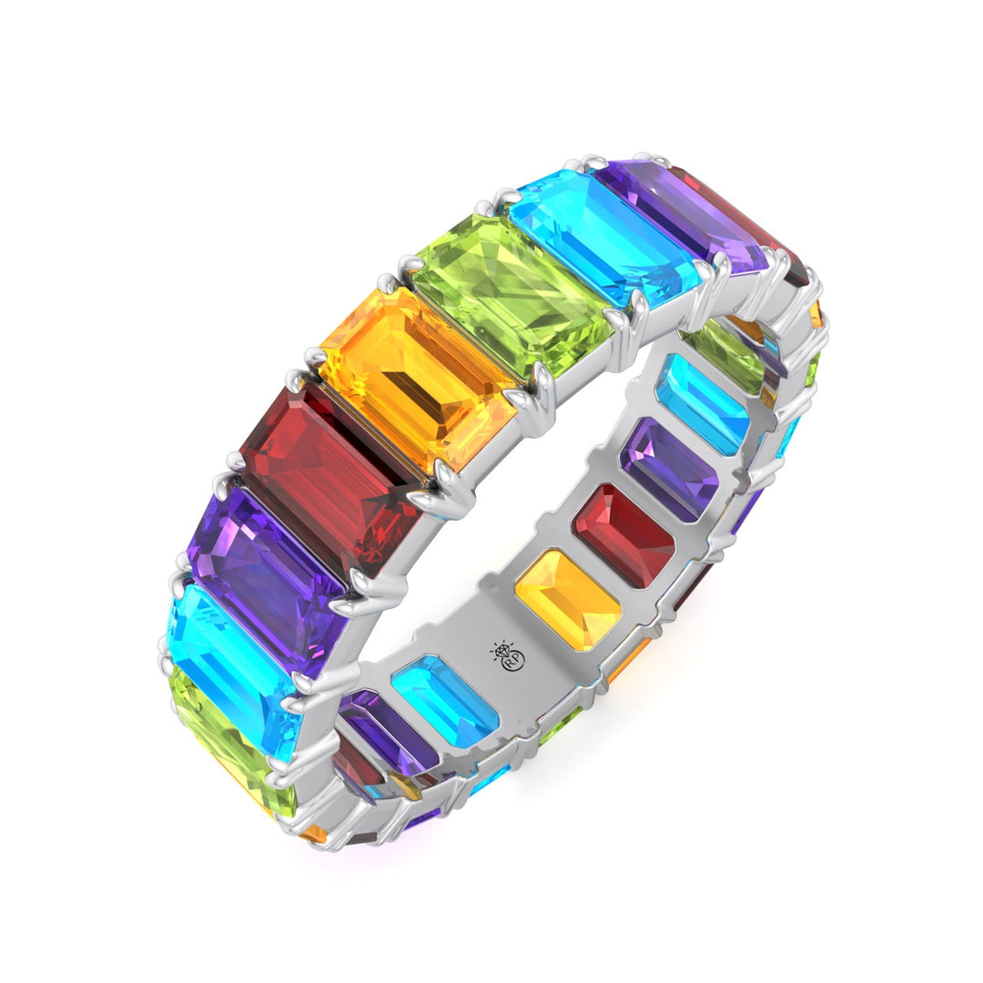 Multi Color Emerald Shape Eternity Band