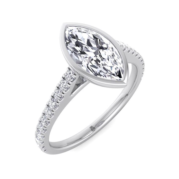Bezel Set Marquise Shape Engagement Ring With Cathedral Style Pave Band