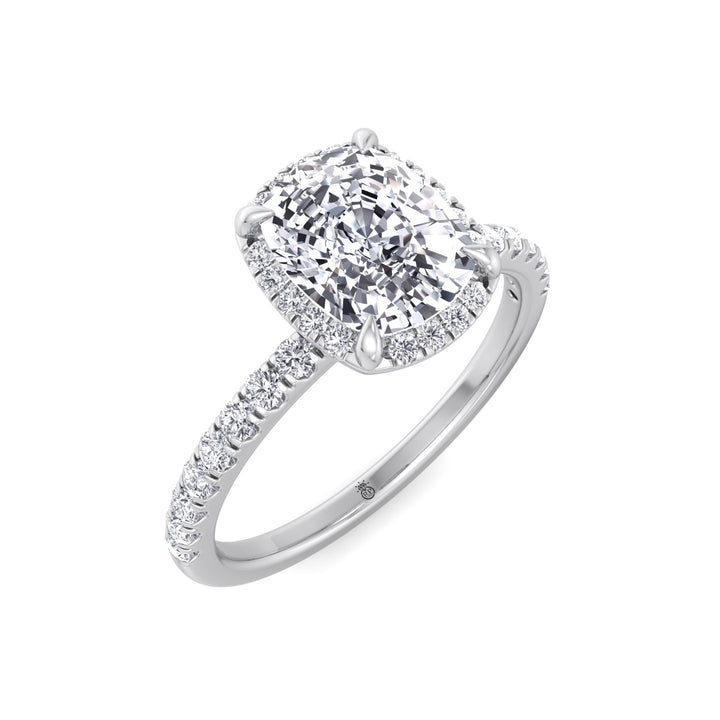 Elongated Cushion Cut Halo Engagement Ring with Pave Band