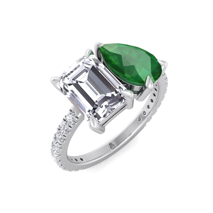Toi Et Moi Emerald &amp; Green Pear Shape Engagement Ring With Pave Band